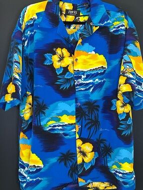 #164- Men’s Vintage Hawaiian Blue Floral Short-Sleeve Button-Down Shirt